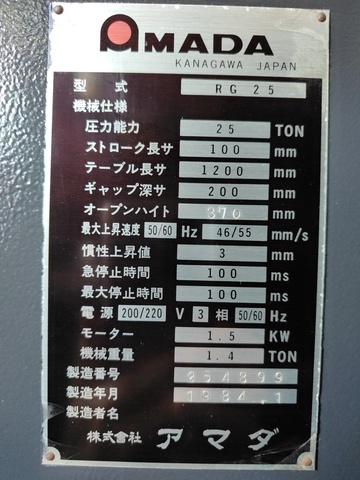 アマダ RG-25 1.2m油圧プレスブレーキ