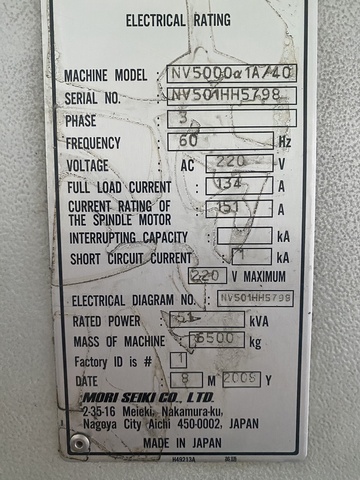 森精機製作所 NV5000α1A/40 立マシニング(BT40)