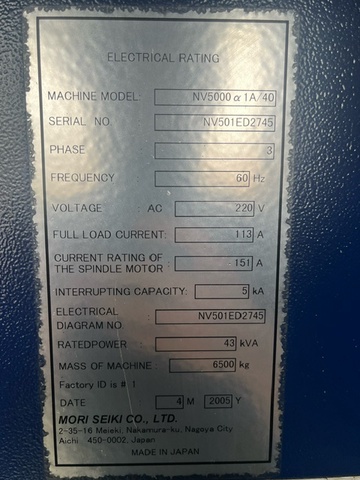 森精機製作所 NV5000α1A/40 立マシニング(BBT40)
