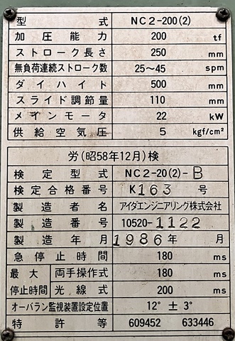 アイダエンジニアリング NC2-200(2) 200Tパワープレス